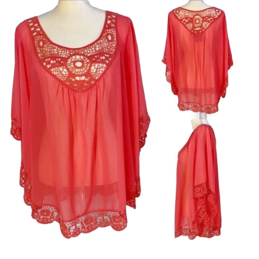 Women’s Blouse Top Sheers With Lace Tunic Size L Coral color Romeo & Juliet - Picture 7 of 13
